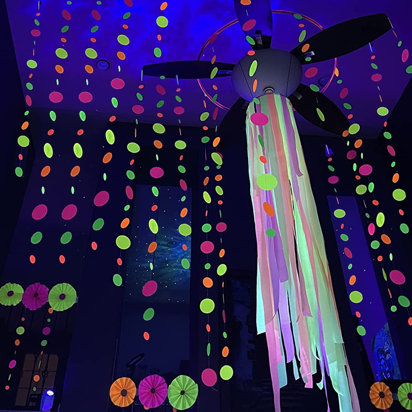 110feet UV Round Dot Paper Neon Garland Neon Streamers Black Light Neon Decorations for Dark Glow Party UV Reactive Neon Party Favors Glow in The Dark Party Supplies Wedding Birthday Banner Decoration