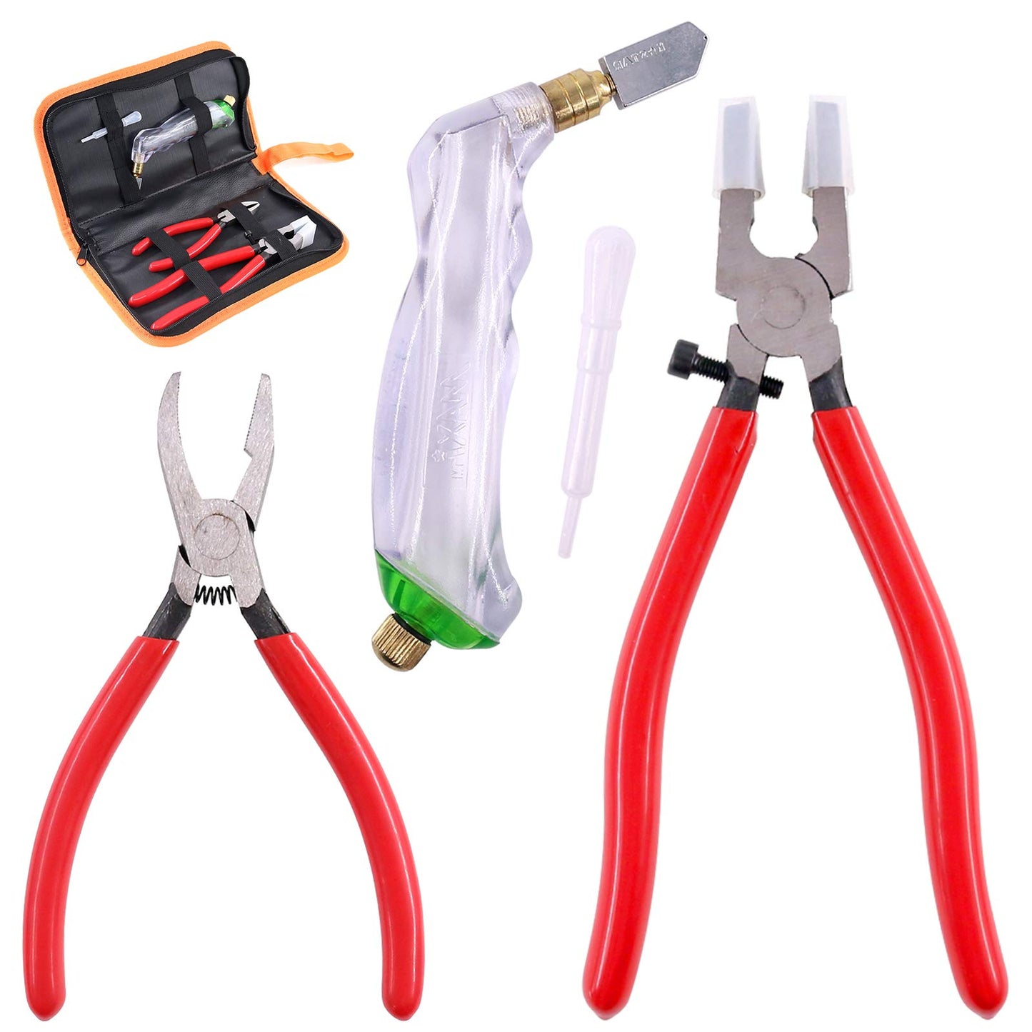 3Pcs Heavy Duty Glass Running Pliers, Breaker Grozer Pliers and Grip Oil Feed Glass Cutter Kit, Professional Stained Glass Cutting Tool with Extra Rubber Tips Perfect for Stained Glass Work