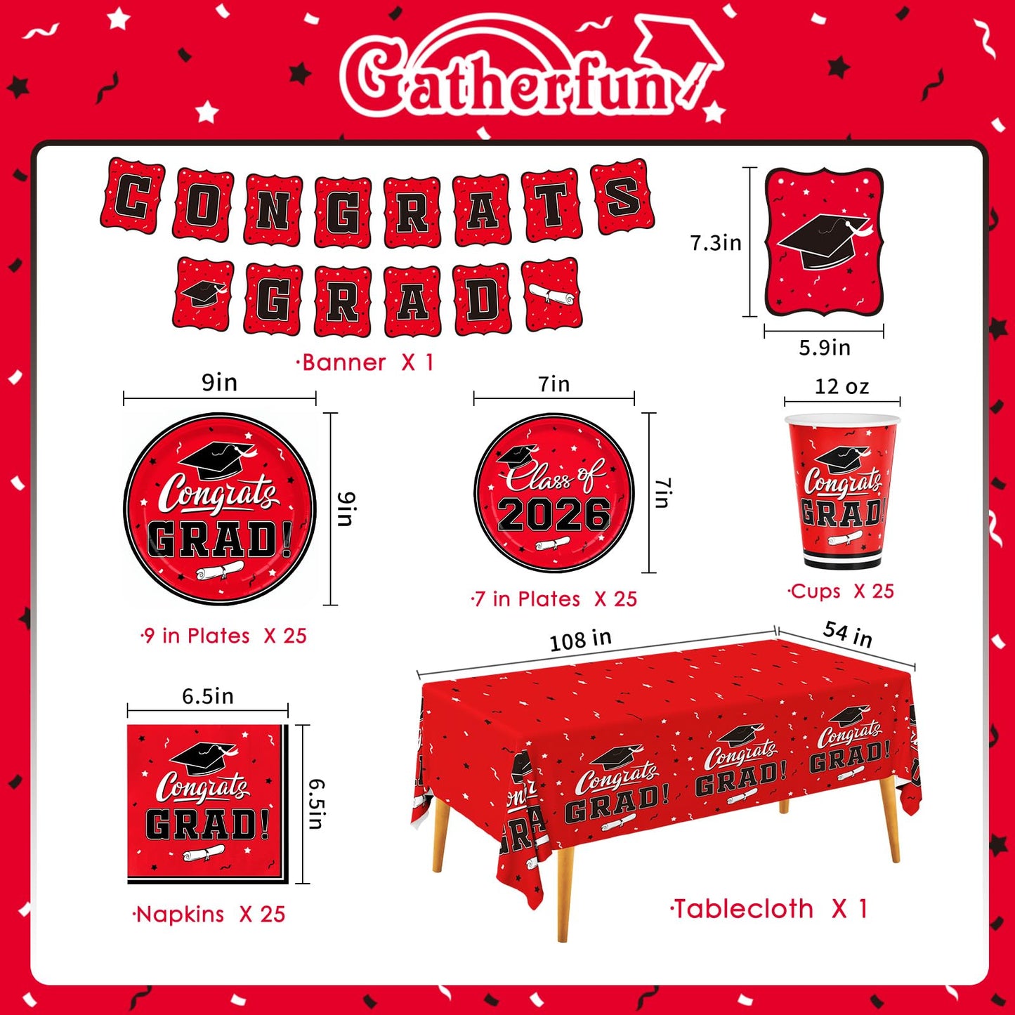 Graduation Decorations class of 2026 Gatherfun Congrats Grad Party Dinnerware Set Red Disposable Paper Plates Napkins Cups Tablecloth Banner for Graduation Decorations 2026 deals, Serve 25