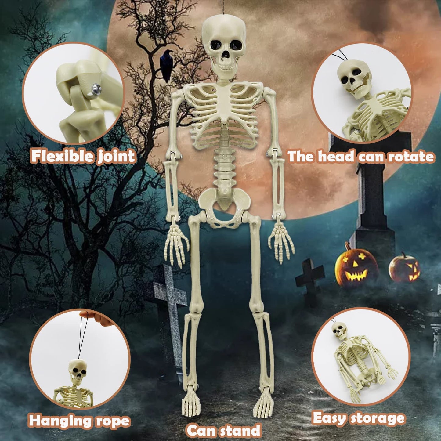MEMOVAN 16" Halloween Skeleton 2pcs Full Body Posable Halloween Skeletons with Movable Joints Realistic Spooky Skeletons for Haunted House Graveyard Props Halloween Party Decorations