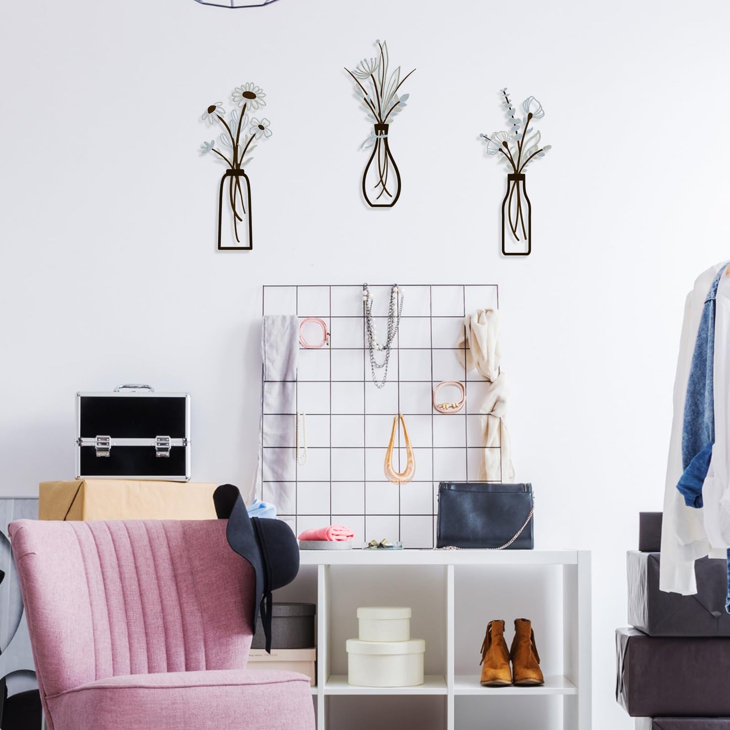 3 Pieces Metal Vase Flowers Wall Arts - Rustic Farmhouse Style Décor Metal Wall Art Black Minimalist Flower Natural Themed Wall Decors for Home Bedroom Dining Room Housewarming (Brown-Blue, Vase-C)