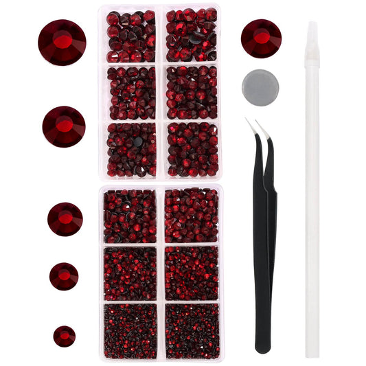 MEIBITE 6796PCS Red Hotfix Rhinestones Crystal Stones Glass for Fabric Clothes Shirts Sparkly Flat Back Round with Tweezers and Picking Pen (SS6~SS30 Set)