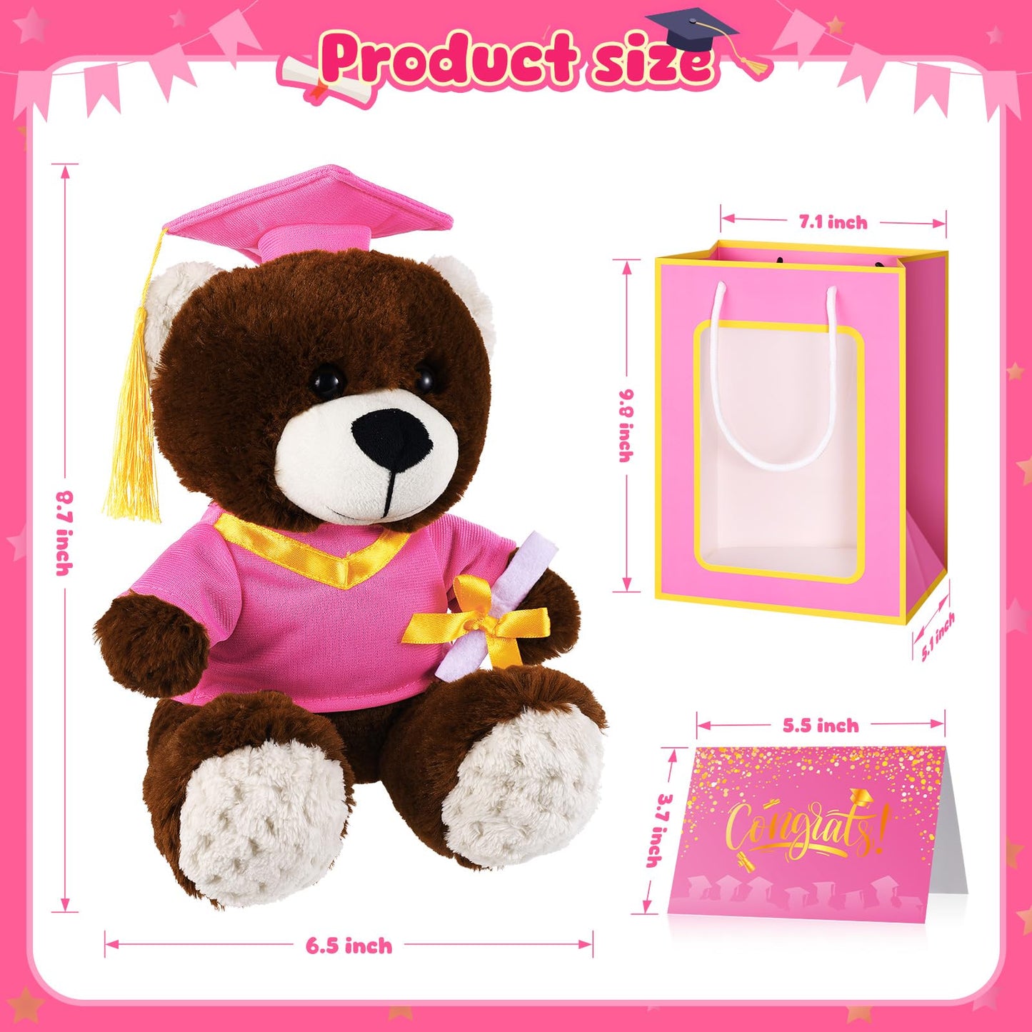 ZJoey Bear with Graduation Cap Toys Class of 2026 Plush Stuffed Teddy Bear Animal Dog Cap and Gown with Greeting Card and Bag for Graduation Day Gift(Pink)