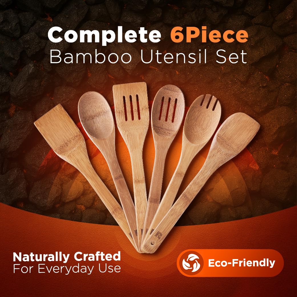 Dark Bamboo Wooden Spoons for Cooking 6-Piece, Apartment Essentials Wood Spatula Spoon Nonstick Kitchen Utensil Set Premium Quality Housewarming Gifts for Everyday Use