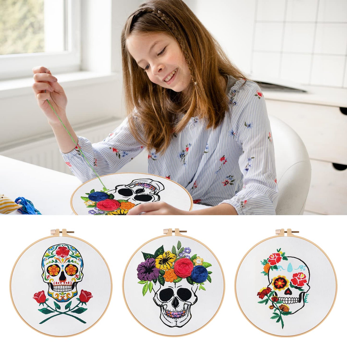 Nuberlic 3 Pack Halloween Skull Embroidery Kit for Adults Beginner Cross Stitch Kits for Starters with Skull Patterns Include 3 Hoop Cloth Thread Needles and Instructions