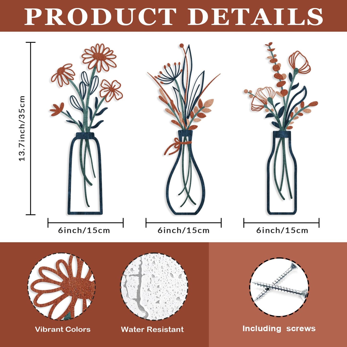 3 Pieces Metal Flowers Wall Arts - Rustic Farmhouse Decor Minimalist Flower Wall Decors for Living room Bathroom Bedroom Dining Room-Housewarming Gifts