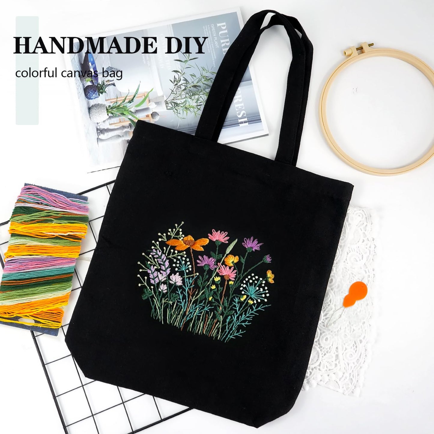 Canvas Tote Bag Embroidery Kit with Pattern, Beginner Embroidery Kits for Adults, Arts and DIY Crafts Embroidery Starter kit, Include Stamped Embroidery Bag, Embroidery Hoops, Color Threads and Tool.