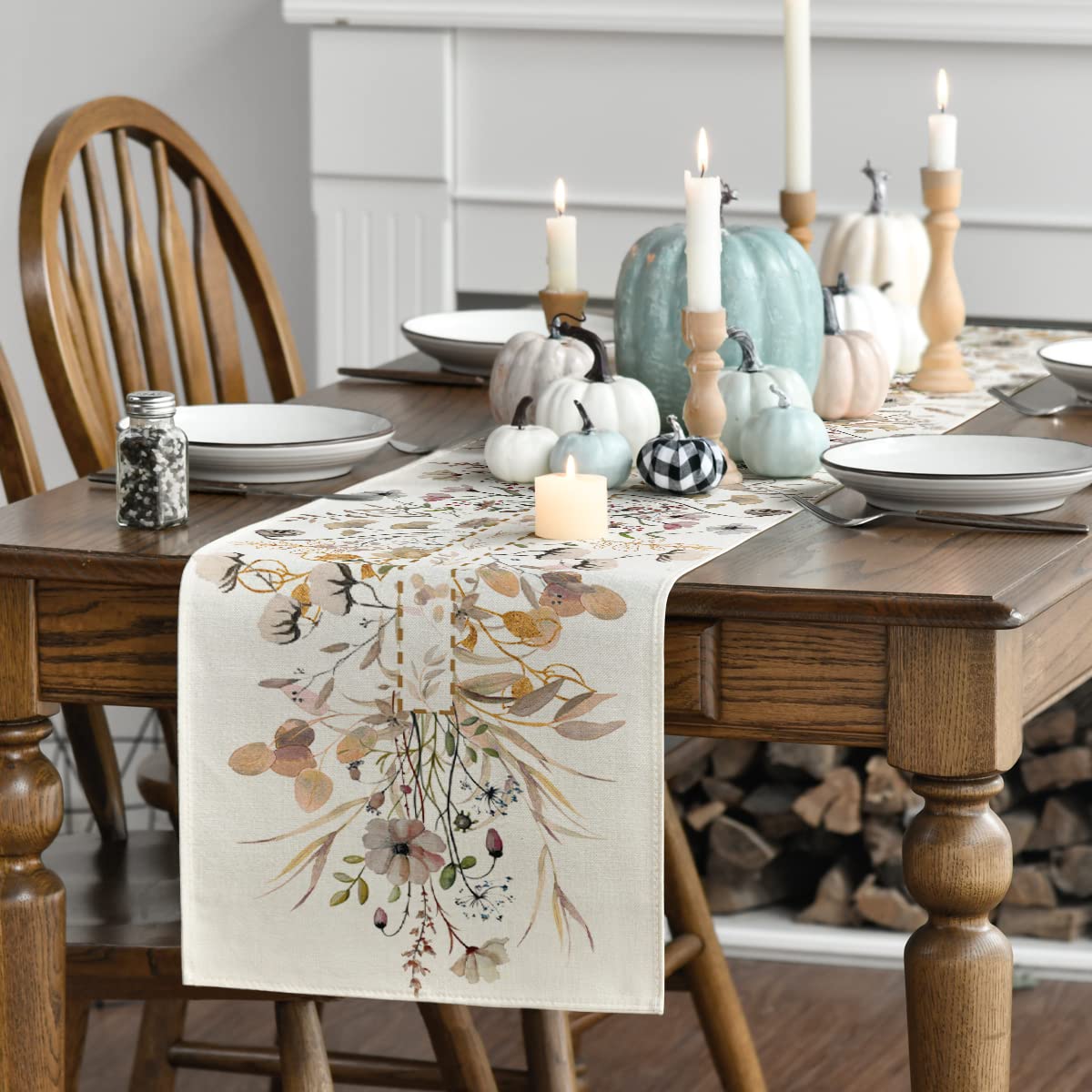 Wildflower Leaves Floral Fall Table Runner, Autumn Thanksgiving Kitchen Dining Table Decoration for Indoor Outdoor Home Party 13x72 Inch