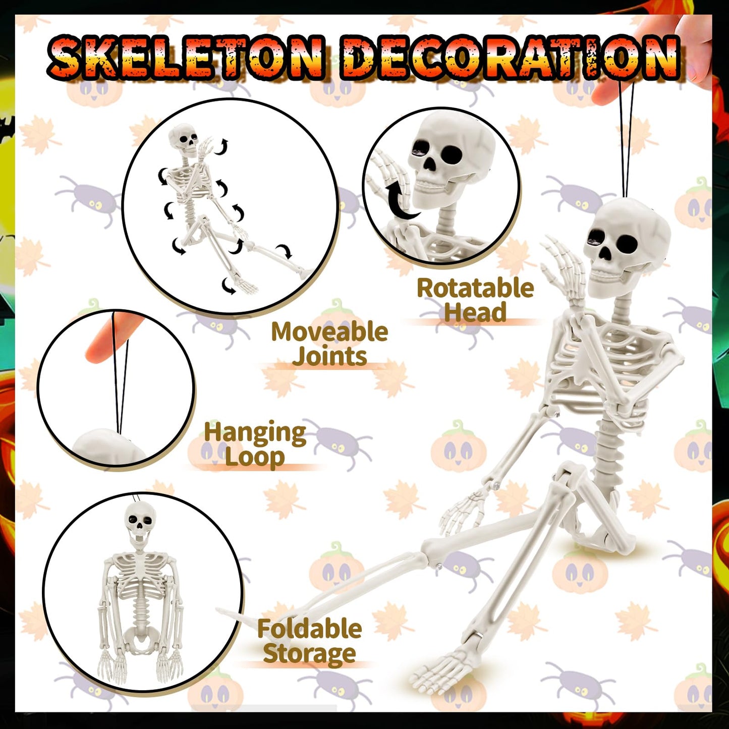 HOLILURE 6 Pack Halloween Skeleton Decoration, 16" Small Poseable Skeleton Full Body Skeleton with Movable Joints, Plastic Skeletons for Garden Graveyard Haunted House Party Home Props Decor