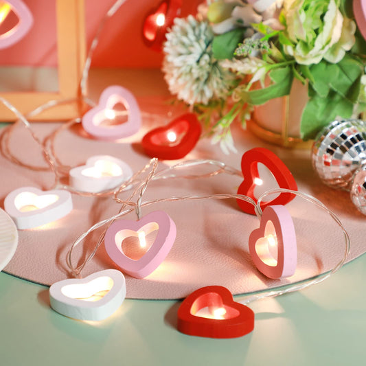 Valentine's Day Wooden Heart String Lights LED Fairy Hanging Love Lights Lamp Battery Operated Valentine's Day Decoration for Bedroom Festival Birthday Wedding(Red White Pink,20 Lights)