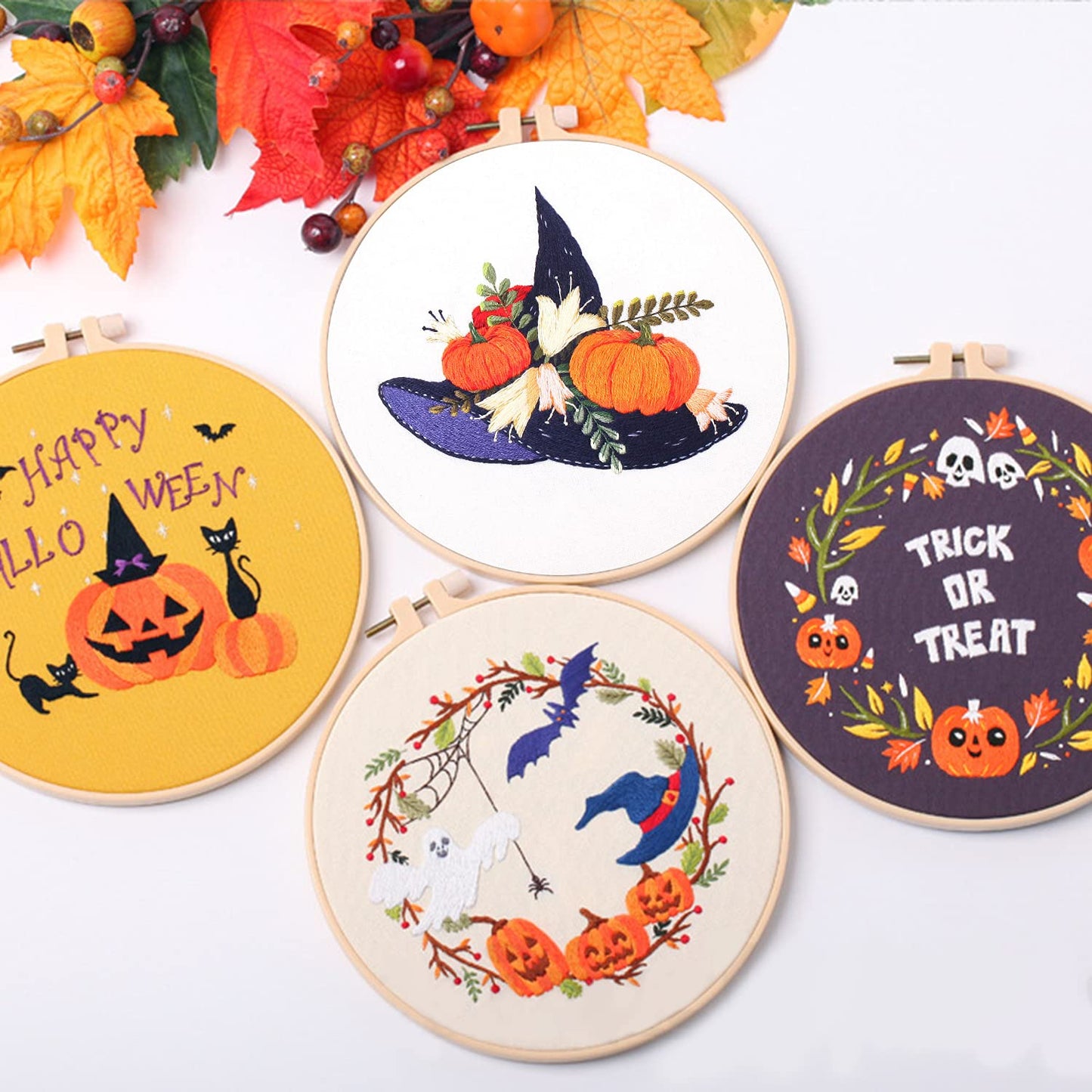 Santune 4-Pack Halloween Embroidery Kit Cross Stitch Kits for Beginners DIY Needlepoint Kit with 4 Embroidery Clothes Featuring Pumpkin Patterns,2 Hoops,Color Threads,Needles