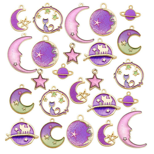 24 Pcs Assorted Gold Plated Enamel Cat Moon Star Celestial Charm Pendant DIY for Earrings Necklace Bracelet Jewelry Making and Crafting (M582-Purple)