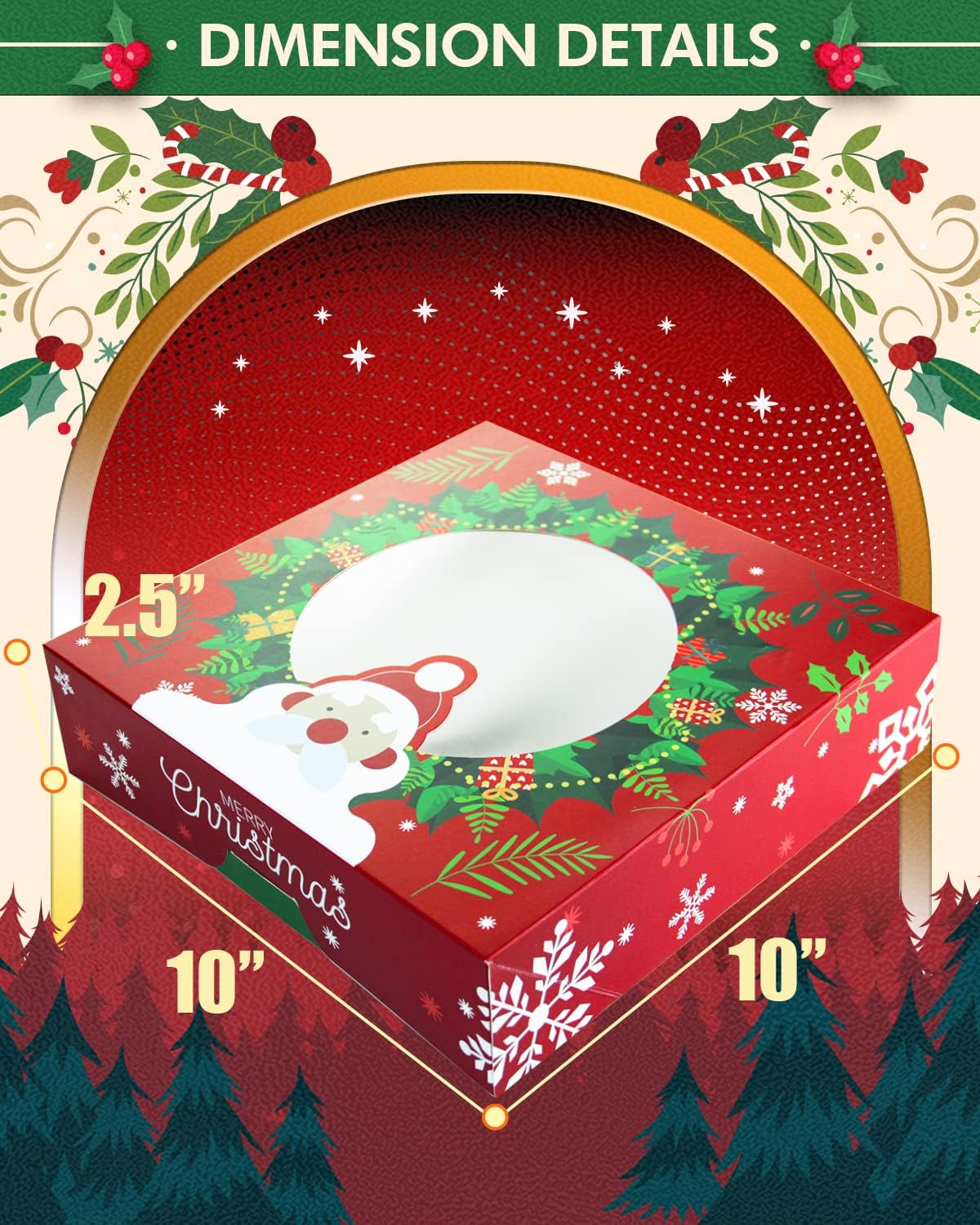 New Christmas Pie Boxes with Window 10x10x2.5 inch 30Packs Cookie Donut Bakery Box