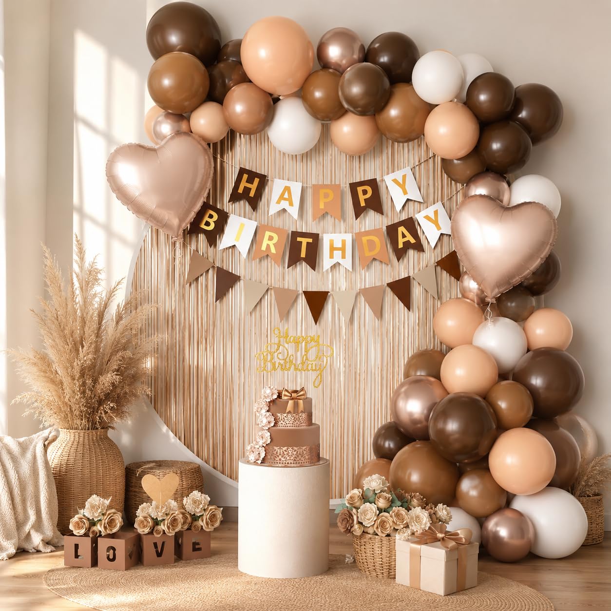 Brown Birthday Decorations,Happy Birthday Banner Beige Cream Neutral Boho Balloons Fringe Curtain Heart Foil Balloons for Women Boys Girls Baby Shower