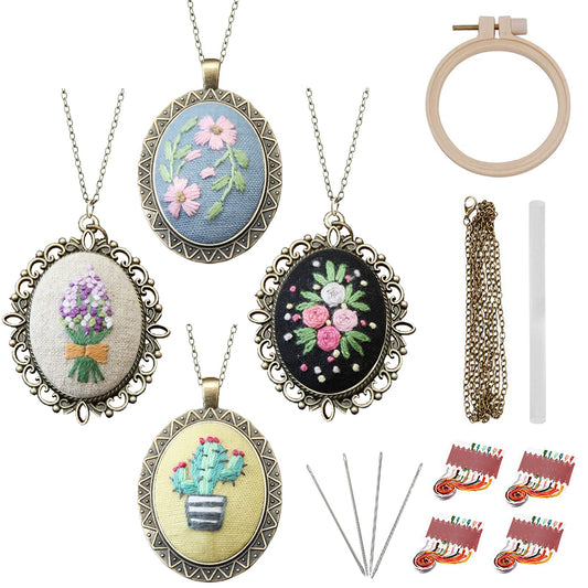 ZOCONE 4 Packs Embroidery Necklace Kits, Embroidery Pendant Kit Mini Cross Stitch Kit with Hoop, Necklace, Pendant, Stamped Pattern Cloth, Instructions, etc. Embroidery Kits for Adults