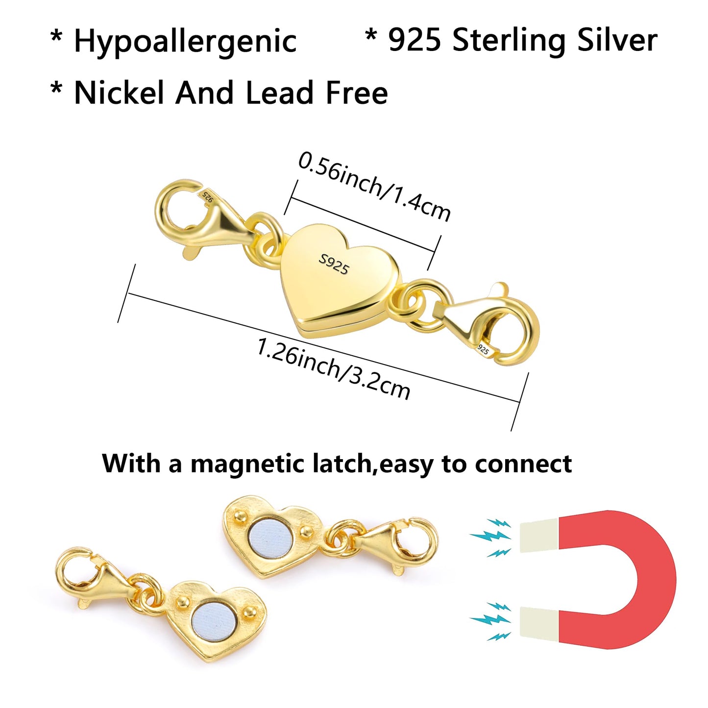 14K Gold Heart Magnetic Necklace Clasps and Closures 925 Sterling Silver Double Lobster Clasp Magnetic Jewelry Clasps for Necklaces