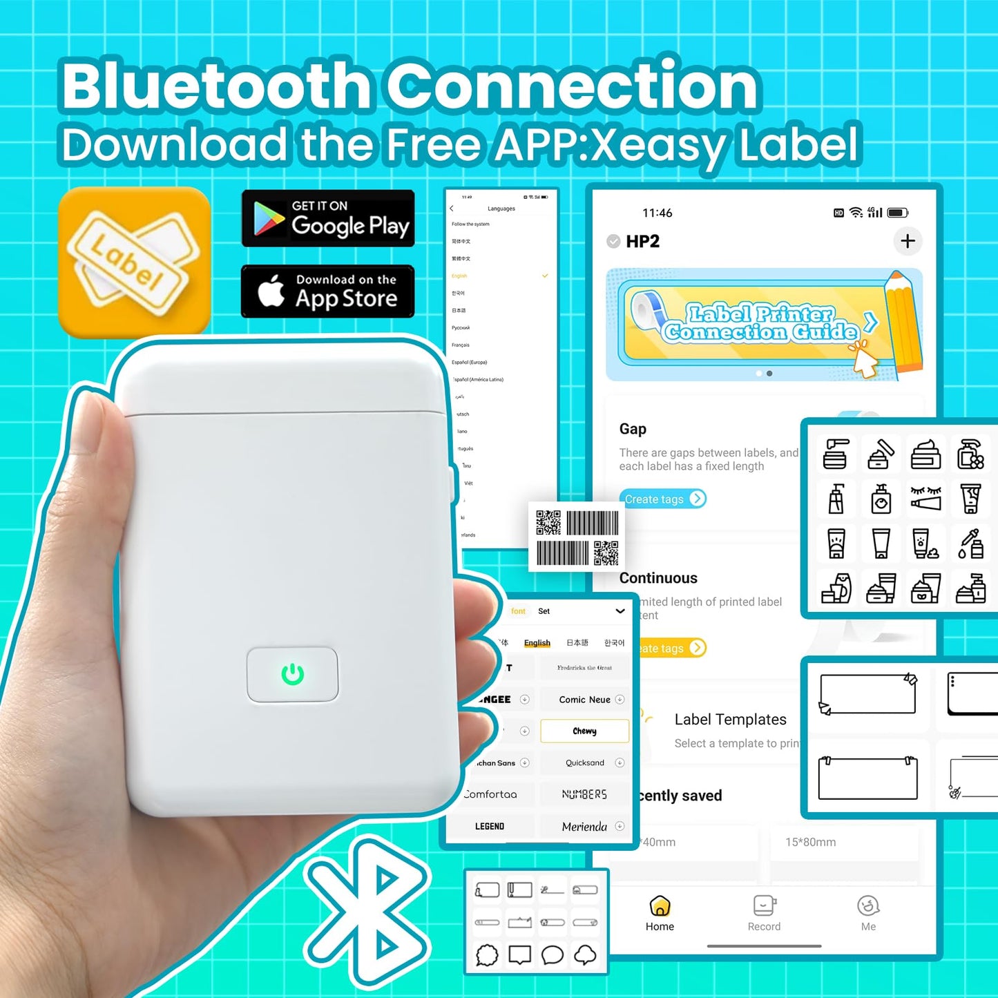 vretti Label Maker Machine with Tape, HP2 Portable Bluetooth Label Printer for Storage, Shipping, Barcode, Office, Home, Organizing Mini Sticker Label Maker with Multiple Templates (White)