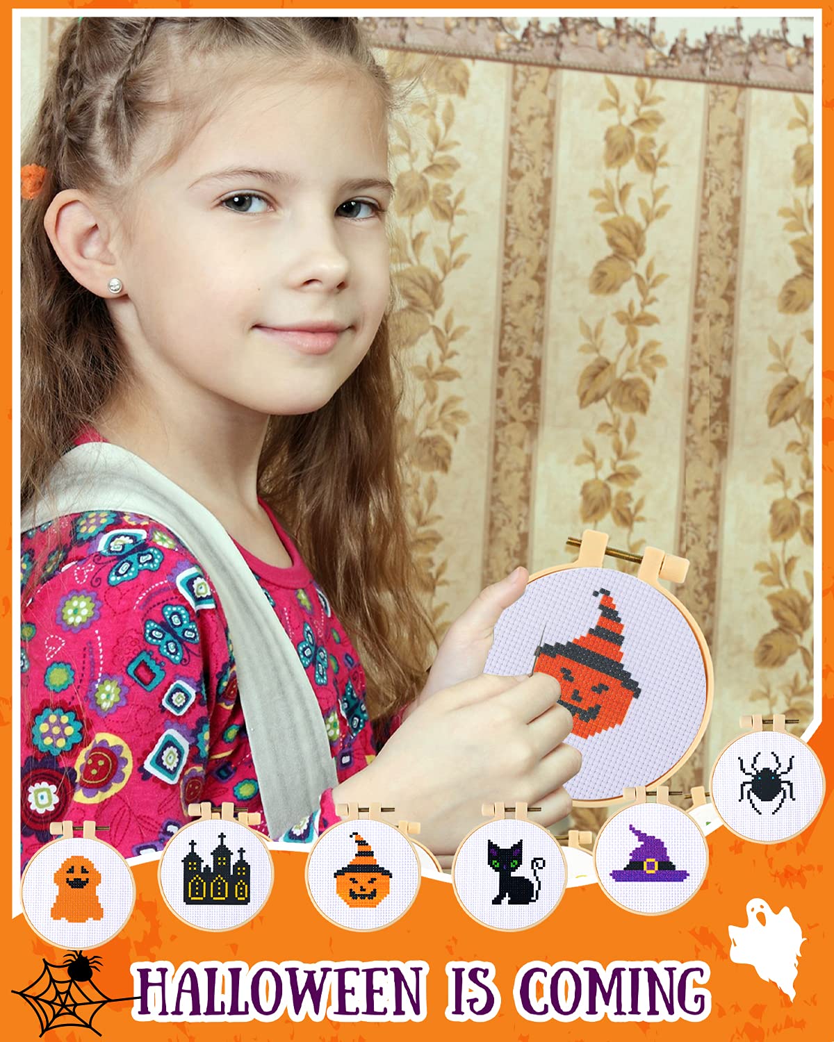 Pllieay Halloween Cross Stitch Beginner Kit for Kids 7-13, Includes 6pcs Project Cross Stitch Pattern and 2pcs Hoops, 8 Skeins, Needle Point Starter Kit Sewing Set with Instructions