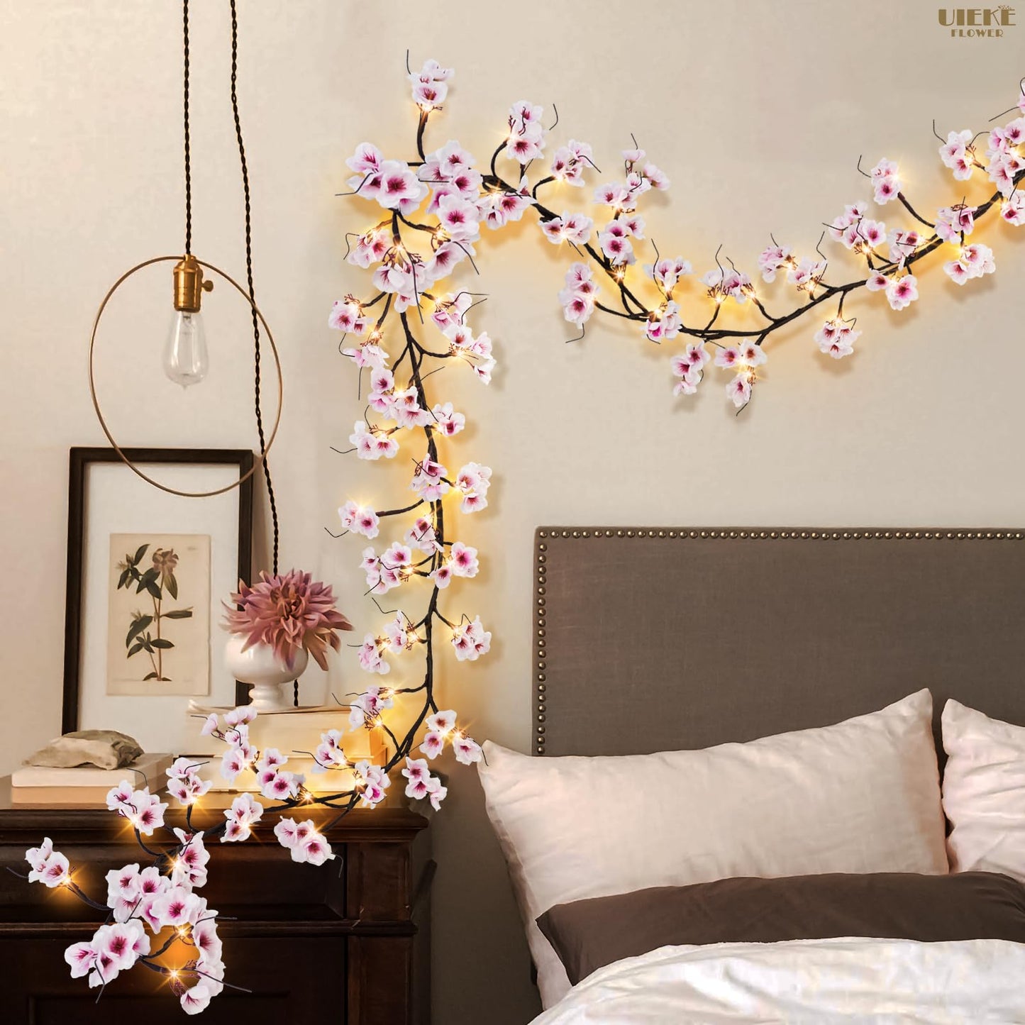 Uieke Lighted Cherry Blossom Garland with Timer 48 LED Fairy Lights 6FT for Mantle, Artificial Flower Vines with Lights 8 Modes Battery Operated Home Fireplace Wedding Party Room Decor