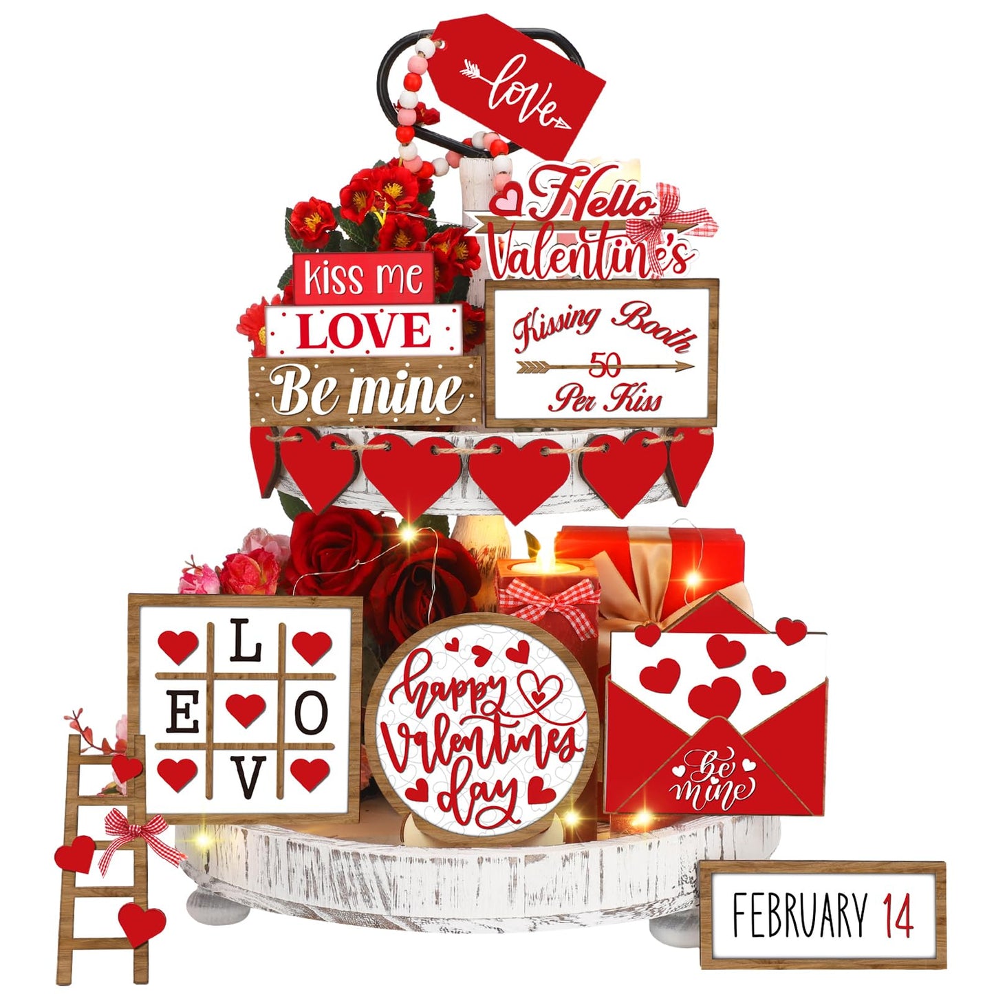 15 Pcs Valentine's Day Tiered Tray Decor Set Farmhouse Wood Valentine's Day Table Decorations Tabletop Rustic Wooden Red Love Heart Be Mine Kiss Me Table Signs for Wedding Party Gift