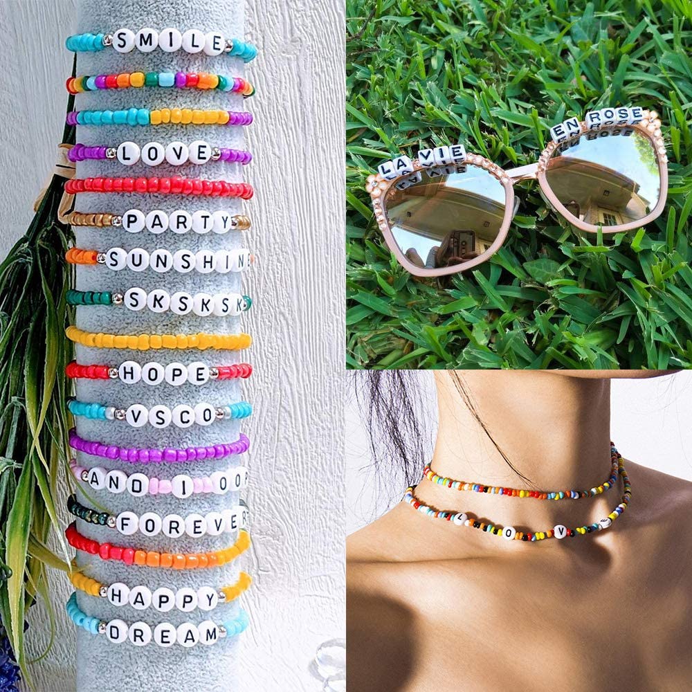 UOONY 8800pcs Beads Kit, Including 7200pcs 4mm Glass Seed Beads and 1600pcs Letter Beads for Bracelet Jewelry Making and Crafts with 20m Crystal String and 30m Elastic String