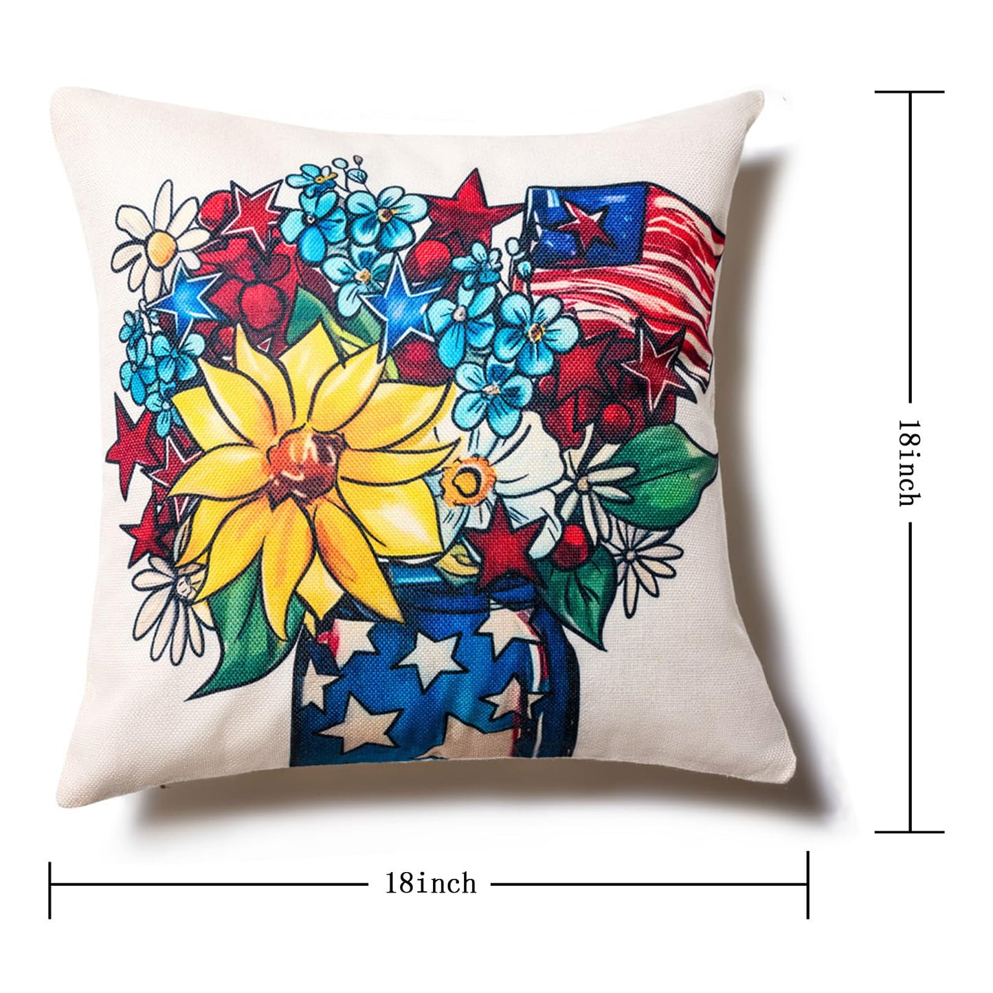 4th of July Decor-Throw Pillow Covers 18x18in Set of 4,Patriotic Linen Pillow Case for Independence Day,Memorial Day,Veteran's Day,USA,American Summer Outdoor Red White Blue Decorations