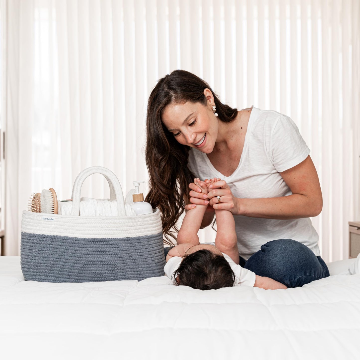 Comfy Cubs Rope Diaper Caddy Organizer 8.5" x 15" x 8" - Large Baby Diaper Basket with 3 Spacious Compartments - Stylish Cotton Baby Caddy Organizer for Diapers, Wipes & Essentials - Pacific Blue