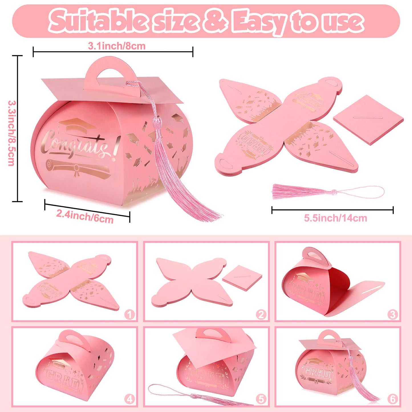 TaoBary 30 Pcs Graduation Cap Gift Boxes Graduation Decorations Class of 2026 Candy Box with Tassel for 2026 Grad Party Favors Supplies(Pink, Rose Gold)