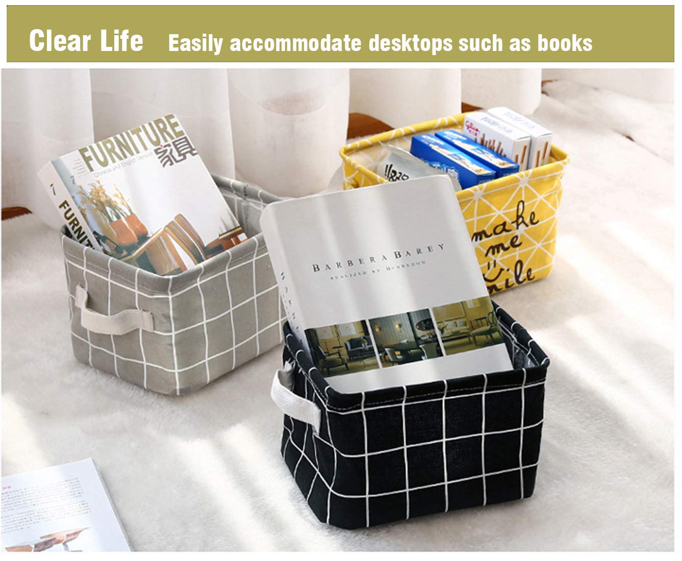 AARAINBOW 3 Packs Storage Basket Bins Canvas Mini Storage Cubes Storage Basket for Makeup, Toys Liners, Books Storage Baskets with Handles for Shelves & Desks(3 Black)