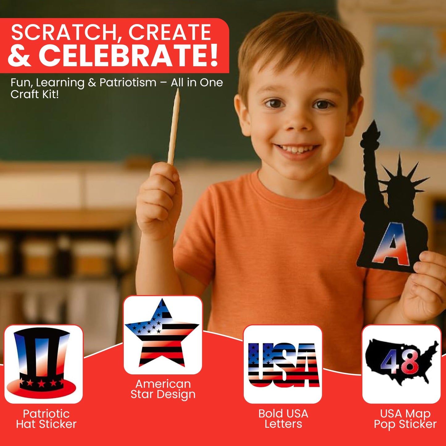Iconikal 48-Pack Americana Scratch Art Ornaments, Patriotic, 4x5-Inch, 24 Sticks, Red White Blue