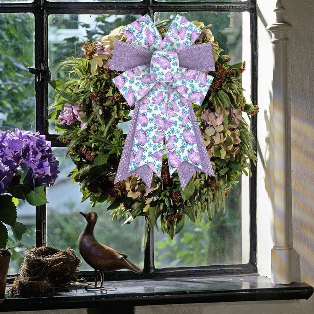 2 Rolls 10 Yards Floral Wired Edge Ribbon, 2.5inch Purple Lavender Burlap Ribbon, Purple Flower Butterfly Gift Wrapping Ribbon for Farmhouse Party DIY Craft Spring Wreaths Bow Decoration