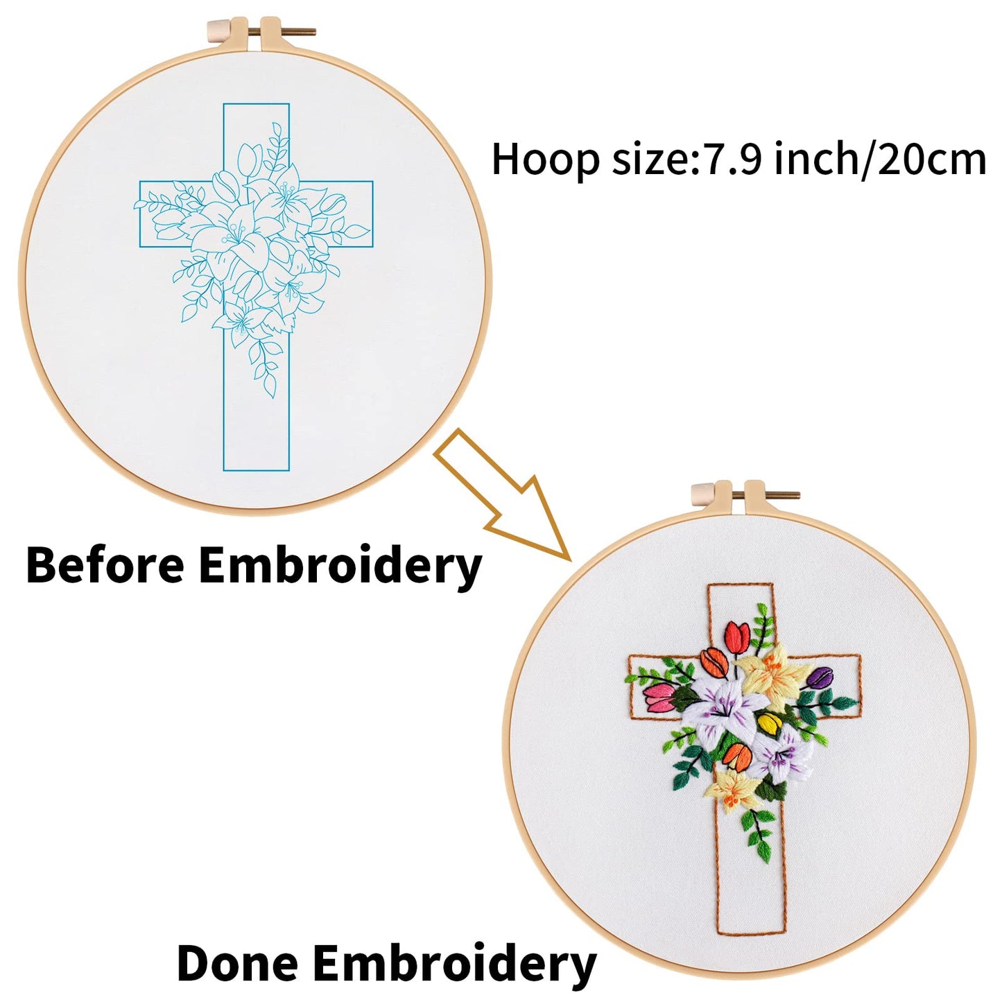 Cross Lily Pattern Embroidery Starter Kit,Cross Stitch Kits for Adults with Embroidery Hoop Needles Threads Instruction -Easter Jesus
