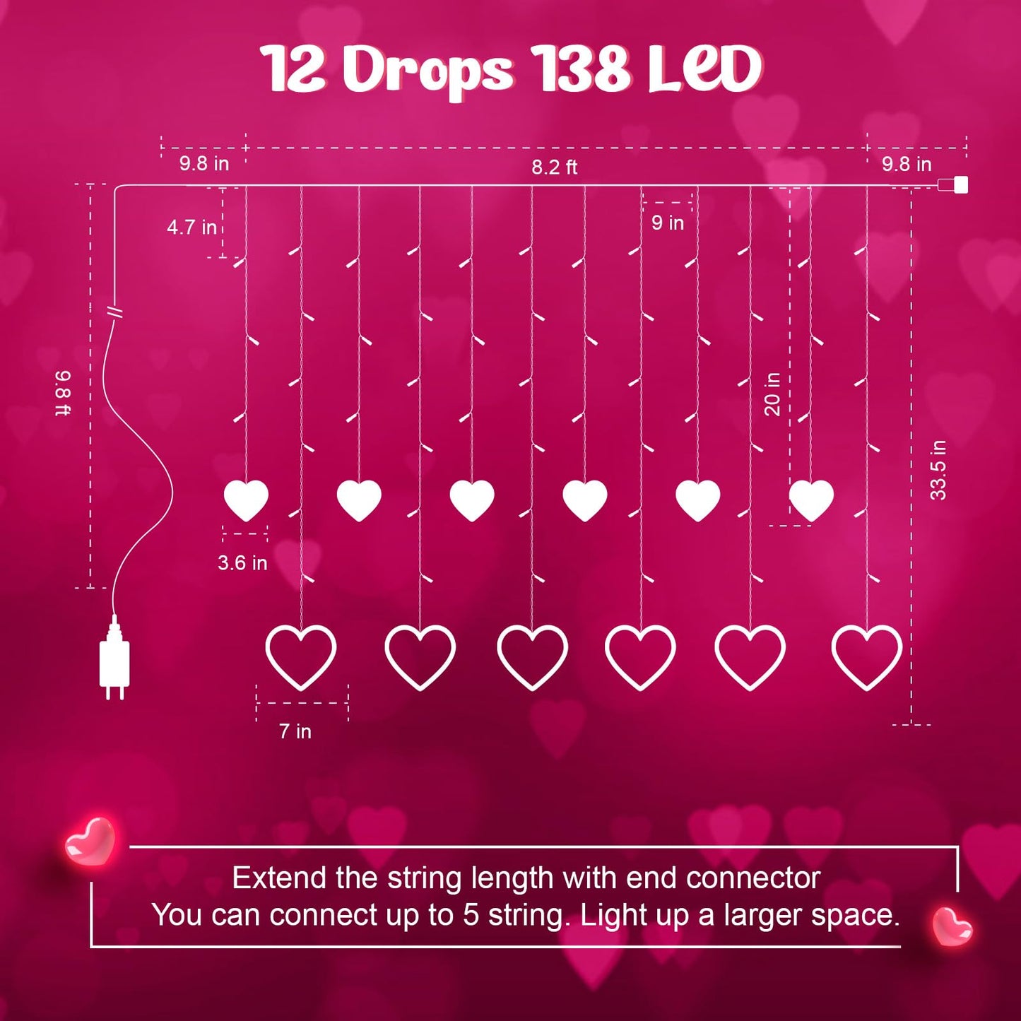 Valentines Day Decor, Pink Love Heart String Lights for Bedroom, 12 Hearts 138 LED Fairy Twinkle Lights with Remote, 8 Lighting Modes Connectable Window Lights for Valentine's Day Wedding Home Decor