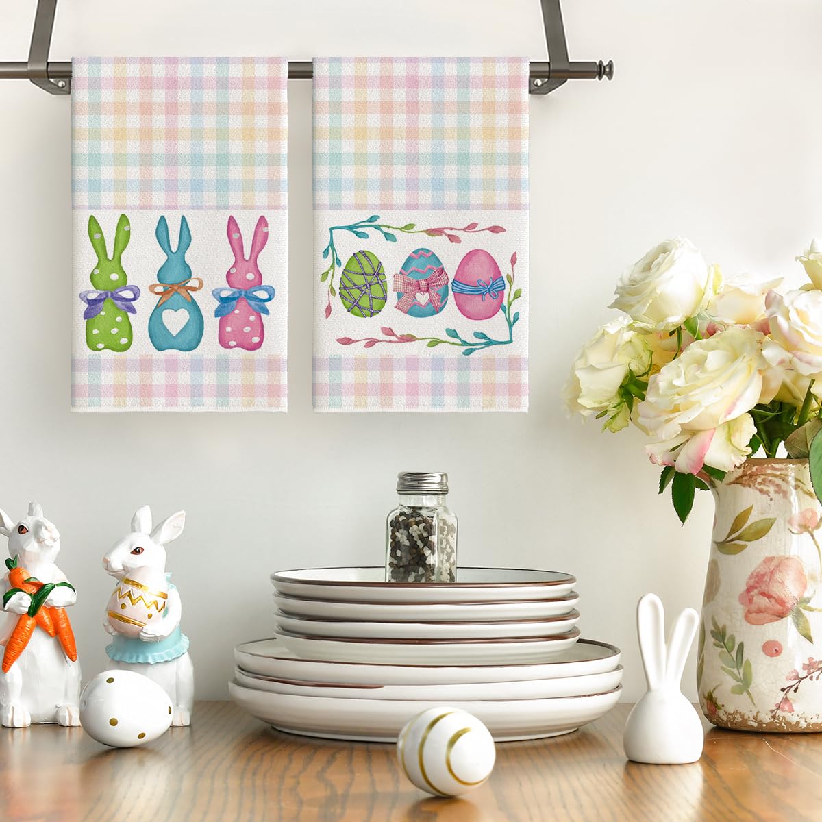 Colorful Stripe Rabbit Bunny Eggs Easter Kitchen Towels Dish Towels, 18x26 Inch Spring Decoration Hand Towels Set of 2