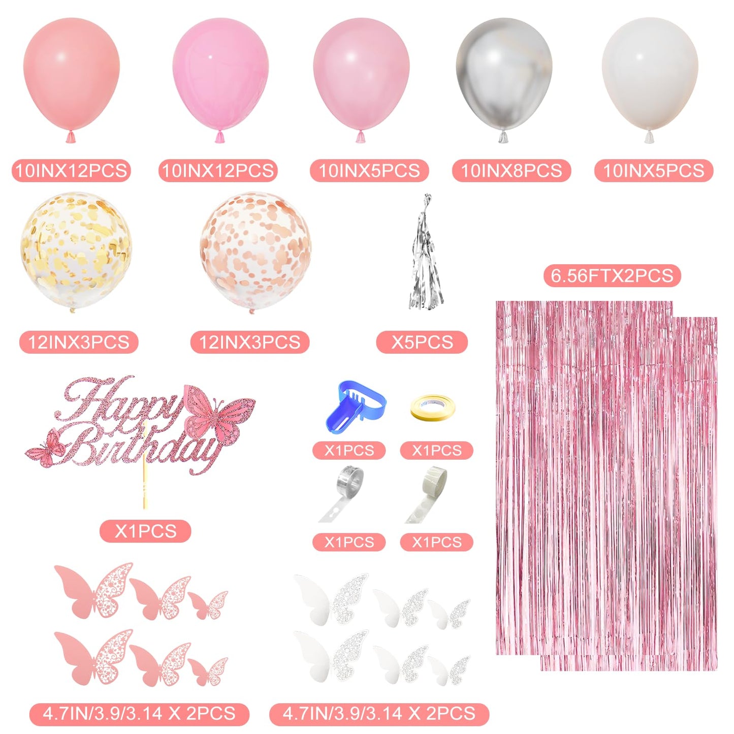 Amandir Pink Birthday Decorations for Women Girls, Silver Pink Confetti Foil Balloons Happy Birthday Banner Butterfly Fringe Curtains Cake Topper for Princess Party Supplies Decor