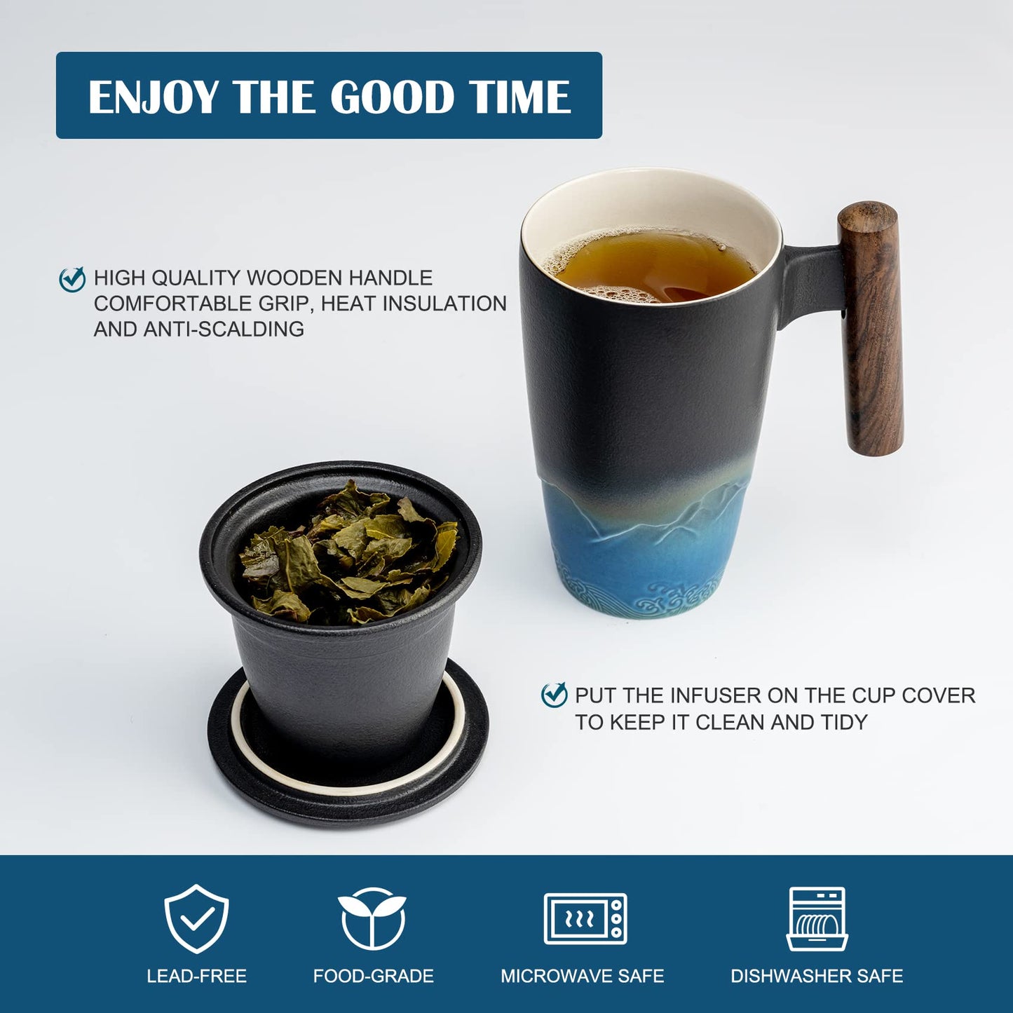 Tomotime Ceramic Tea Cup with Infuser and Lid Tea Mugs Wooden Handle 400ml/13.5oz Black cyan