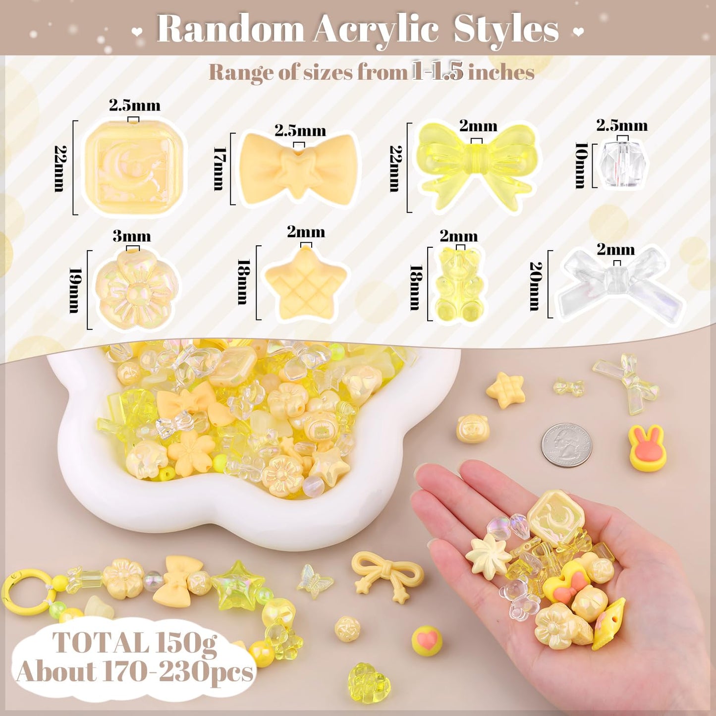 TINKRSTUFF Assorted 170-230PCS Yellow Acrylic Beads for Bracelet Making, Flower Bow Butterfly Candy GummyBear Aesthetic Bracelet Charms,Cute Beads for Jewelry Making DIY Necklace Keychain Phone Charm