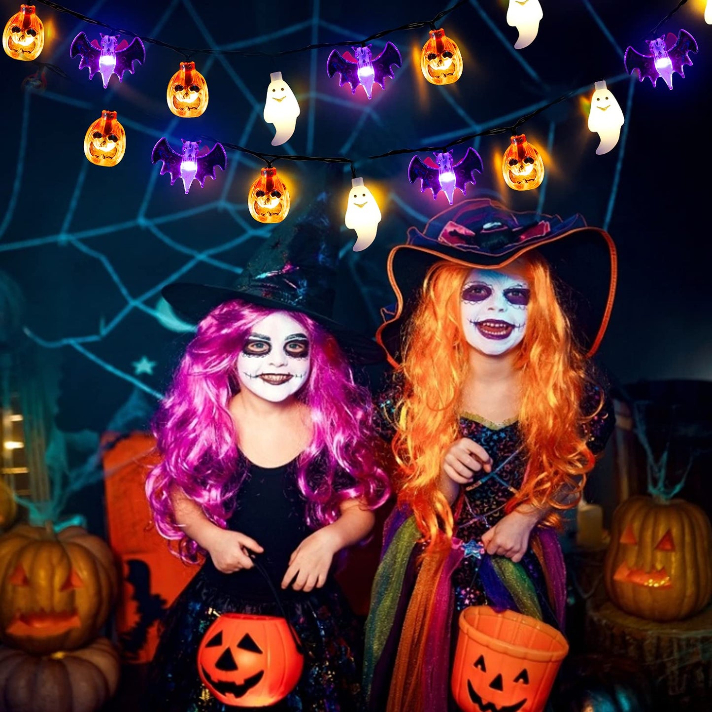 Mosoan Halloween String Lights Battery Operated 20 Feet 30 LED 3D Pumpkin Bat Ghost Lights with Timer - 8 Light Modes Halloween Decorations Lights Indoor Outdoor Cute Halloween Party Decor (Upgrade)