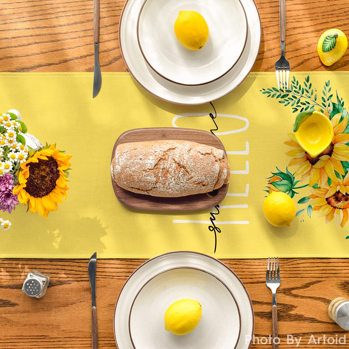 Artoid Mode Yellow Hello Sunshine Sunflower Summer Table Runner, Spring Seasonal Anniversary Holiday Kitchen Dining Table Decoration for Indoor Outdoor Home Party Decor 13 x 72 Inch