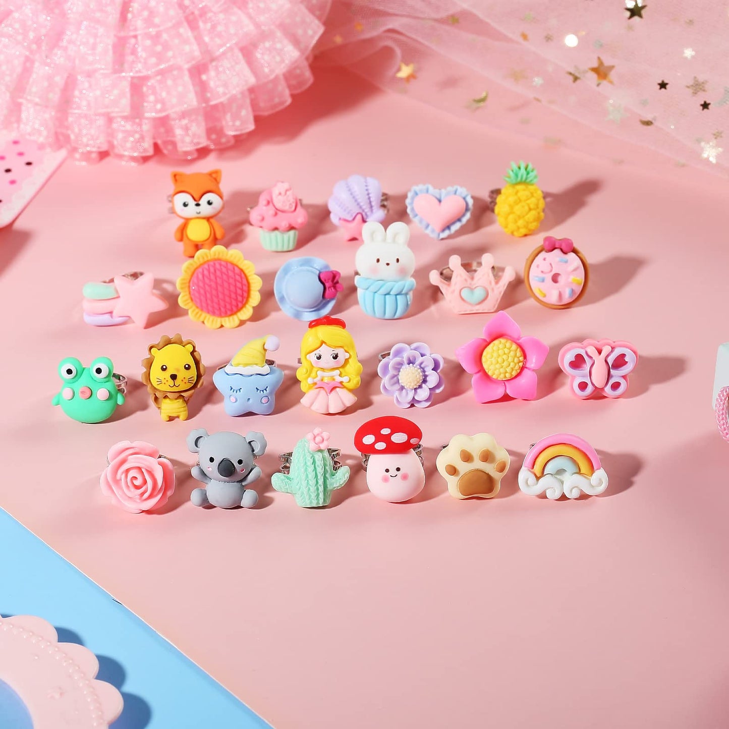 PinkSheep Little Girl Jewel Rings Pink,Adjustable Princess Ring Set in Gift Box,Kids Dress Up Rings for Ages 3-12 with Butterfly, Fox, Rainbow Pretend Play Gift (bling) (Mat)