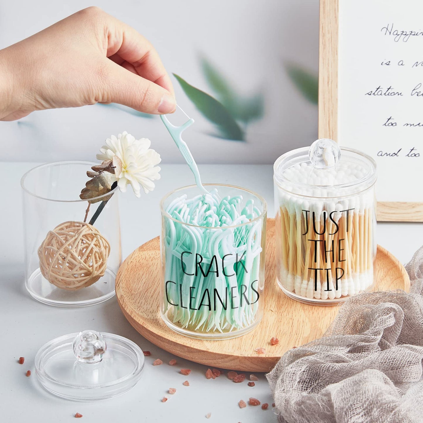 4 Pack Qtip Holder Dispenser with Lids and Labels - 10 oz Acrylic Apothecary Jars Plastic Bathroom Vanity Canister Organizer for Cotton Balls, Pads, Swabs, Floss (Clear)