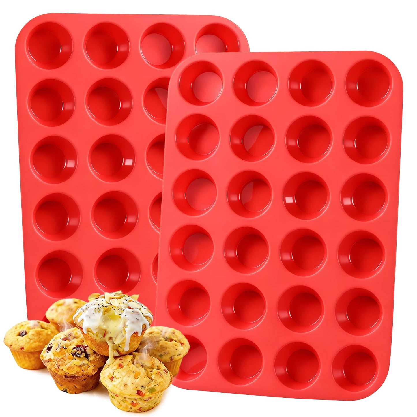 CAKETIME Silicone Mini Muffin Pan, 24 Cups Mini Cupcake Pans Silicone Muffin Tin for Baking Nonstick 2 Pack
