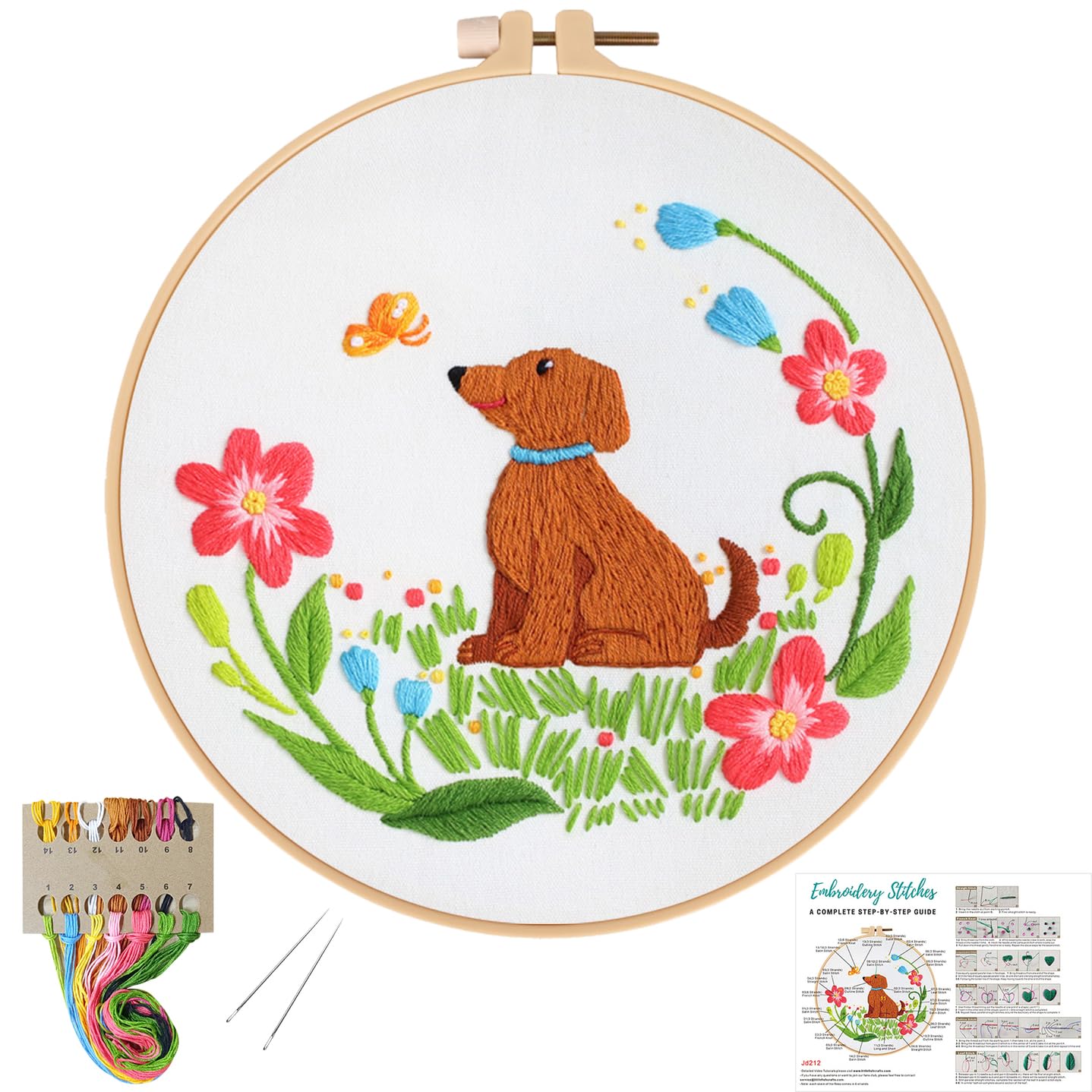 Louise Maelys Dog Embroidery Kits for Beginners with Floral Pattern,Cross Stitch Kit for Adults DIY Needlepoint with Embroidery Instructions