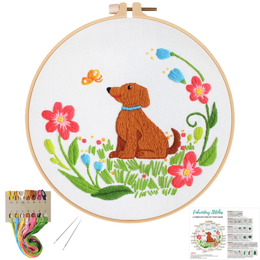 Louise Maelys Dog Embroidery Kits for Beginners with Floral Pattern,Cross Stitch Kit for Adults DIY Needlepoint with Embroidery Instructions