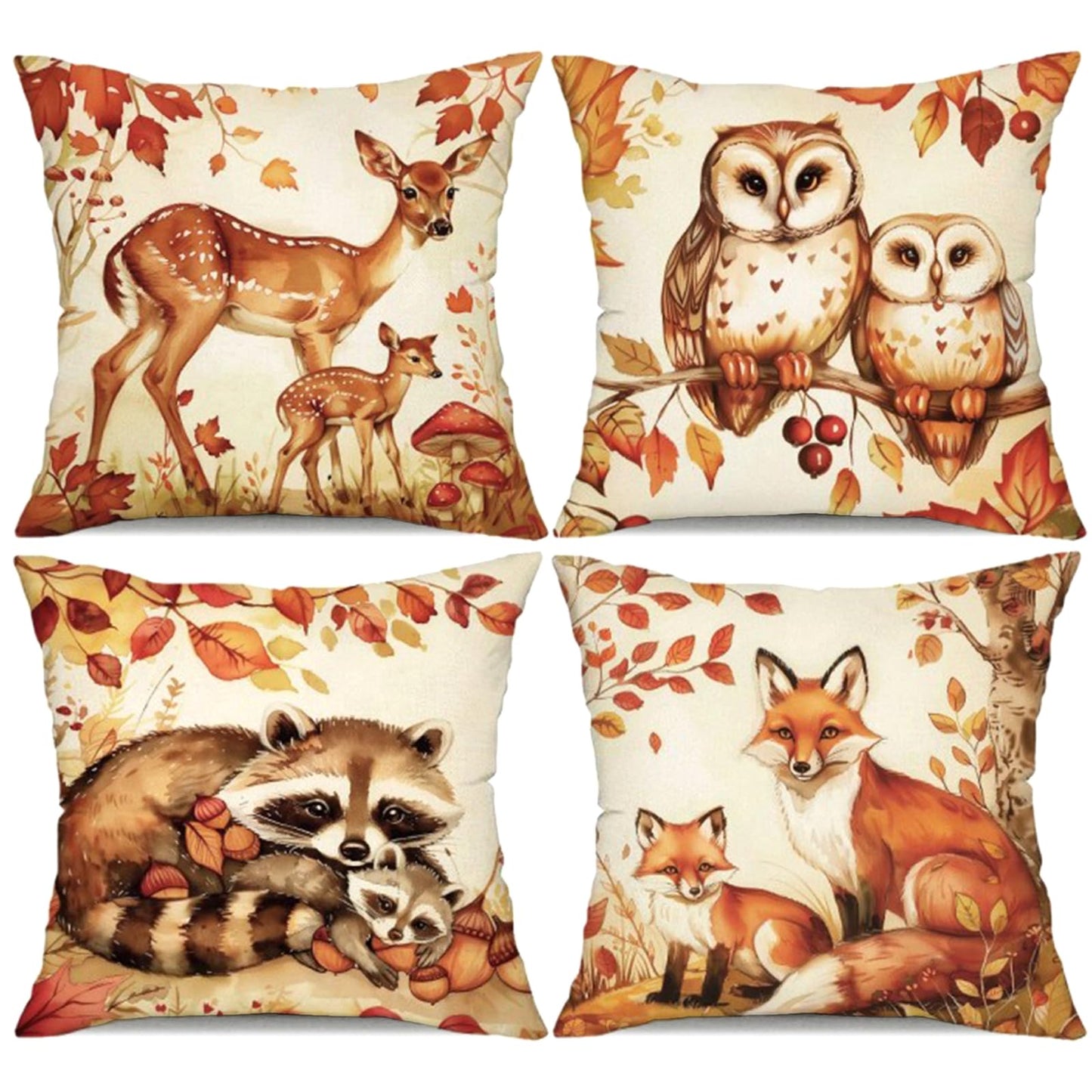 Animal Family Theme Fall Pillow Covers 18x18 Inch Set of 4, Burnt Orange Rust Decorative Autumn Thanksgiving Harvest Home Decor for Sofa Couch Living Room