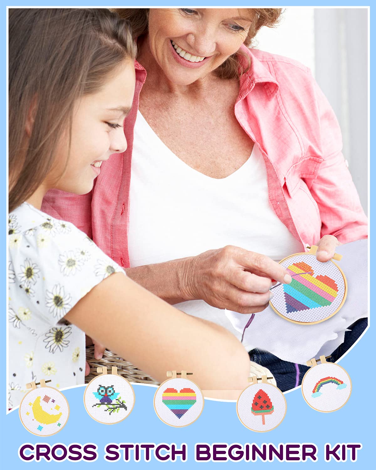 Pllieay Cross Stitch Beginner Kit for Kids 7-13, Includes 6pcs Project Cross Stitch Pattern and 2pcs Hoops, 12 Skeins, Needle Point Starter Kit Sewing Set with Instructions for Christmas Gift