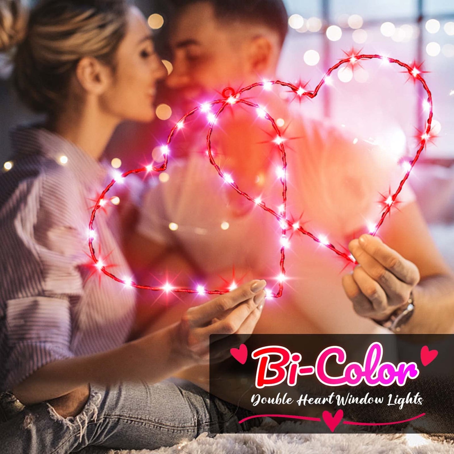 Valentines Decor Double Heart Window Lights, 17" Red Pink Valentines Decorations Backdrop Silhouette Heart Lights with Remote, Valentines Wall Window Decoration for Home Bedroom