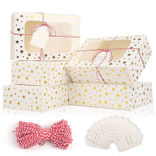 24 PCS Christmas Cookie Boxes for Gift Giving, 9x6x3 Golden Star Christmas Treat Boxes with Window, Auto-Up Holiday Cookie Boxes,Baking Goods Packaging Box for Desserts, Mini Cake, Donuts