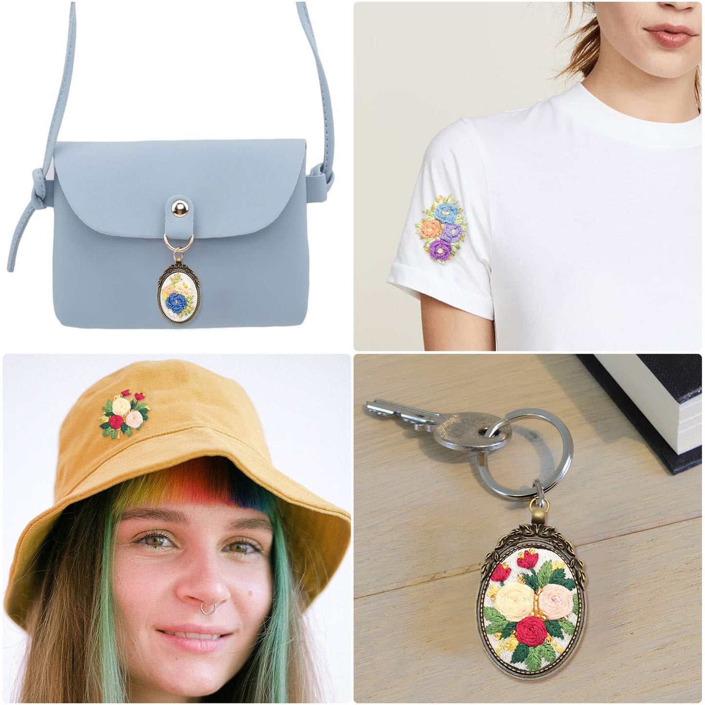 ZOCONE 3 Packs Embroidery Necklace Kit, Embroidery Pendant Kits Mini Cross Stitch Kit with Hoop, Necklace, Pendant, Beads, Stamped Pattern Cloth, Instructions, etc., Embroidery Kits for Adults