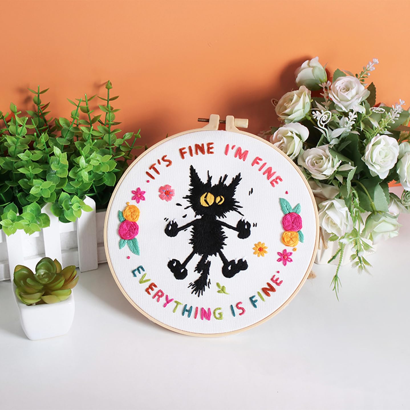 Louise Maelys Cute Cat Embroidery Kits for Beginners,Adults Starter Cross Stitch Kit with Funny Animal Pattern,DIY Needlepoint Everything is Fine